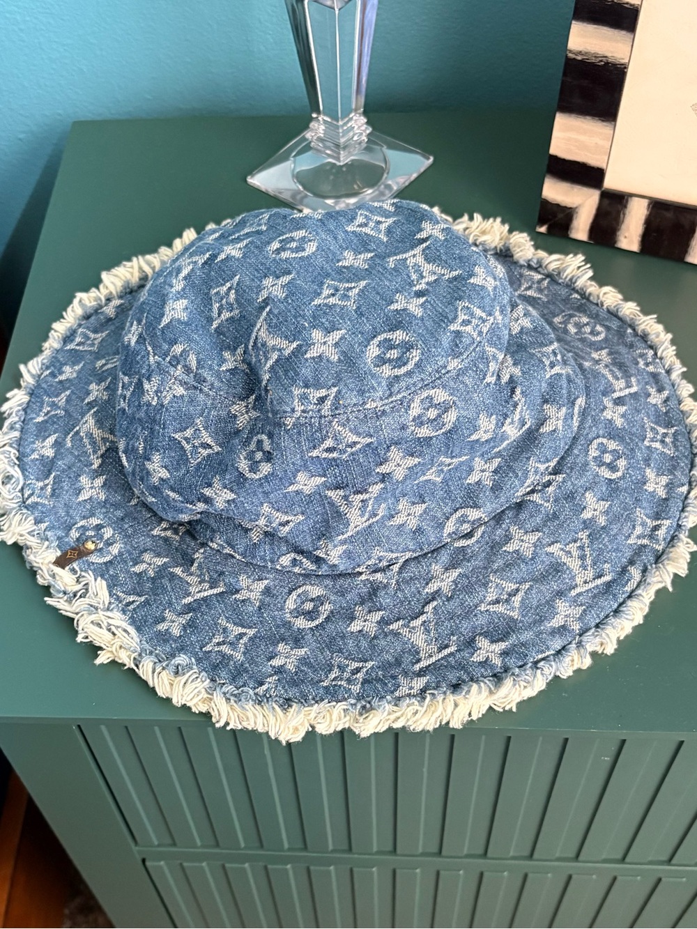 AUTHENTIC Louis Vuitton Denim Monogram Fringed Bucket Hat - Blue